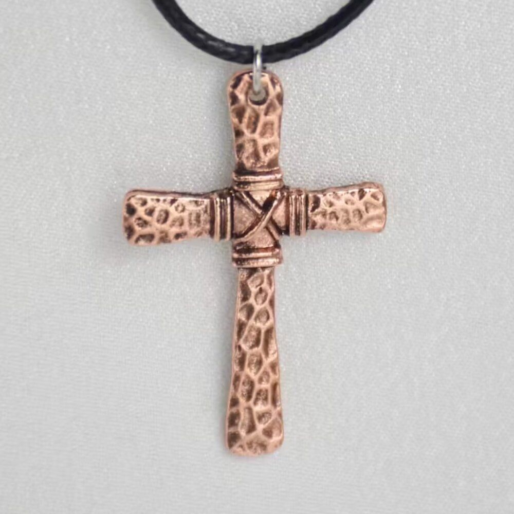 Hammered Copper Cross Necklace Copper Metal Wrapped in Copper Wire Black Cord